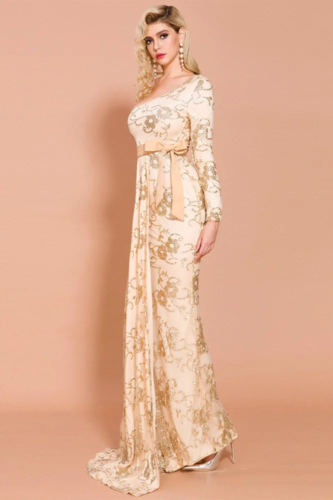 Gold One Shoulder Long Sleeves Sequins Prom Dress Mermaid Long Evening Gowns-BallBride