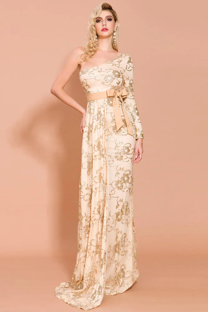 Gold One Shoulder Long Sleeves Sequins Prom Dress Mermaid Long Evening Gowns-BallBride