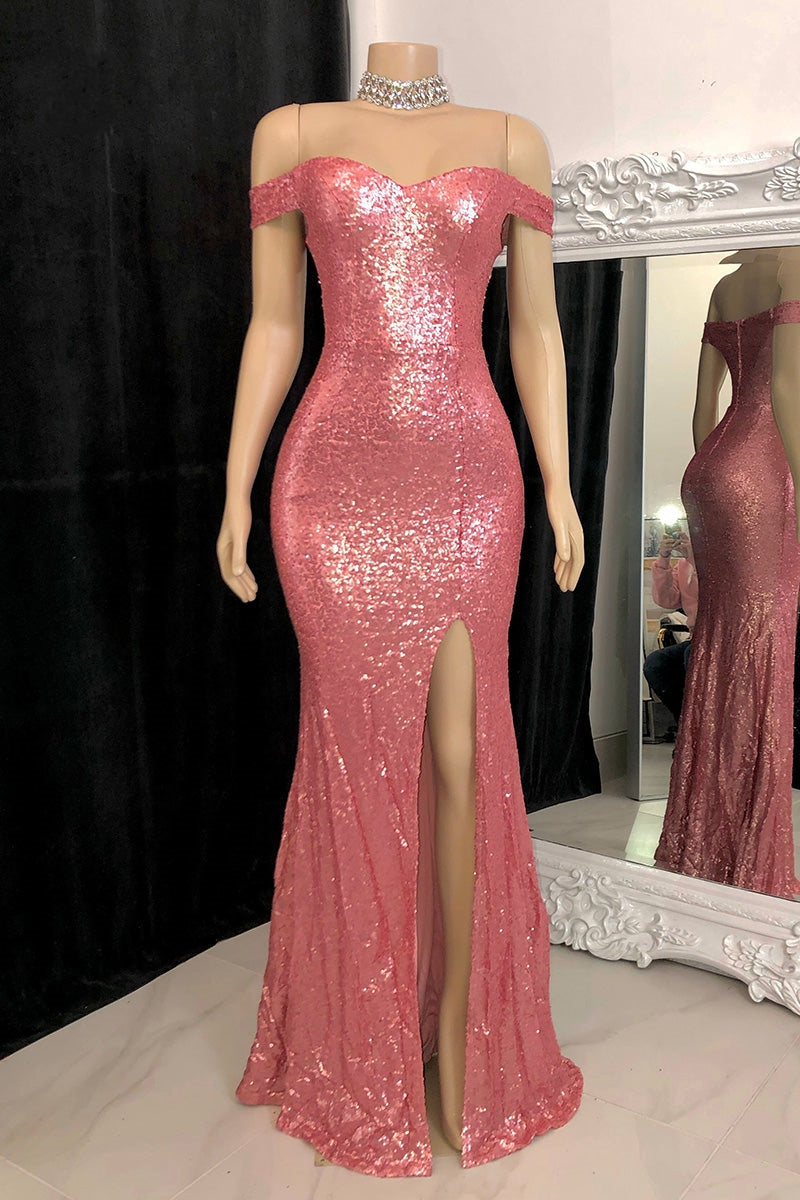 Gold Sequins Off Shoulder Side Slit Sexy Prom Dress-BallBride
