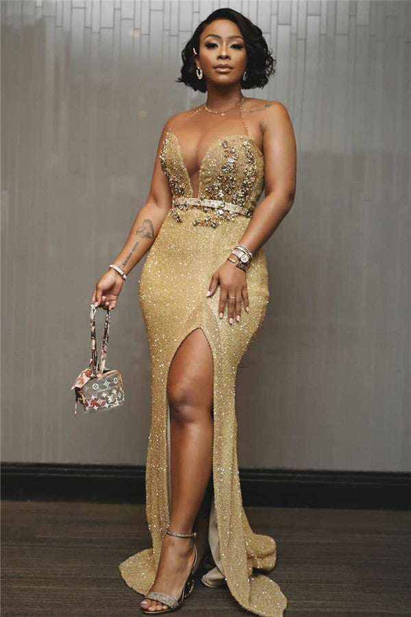 Gold Sequins Sheath Crystal Halter Side Slit Prom Dress-BallBride