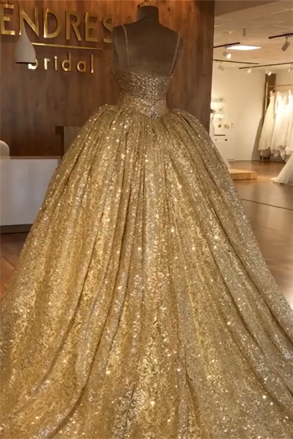Gold Sequins Spaghetti Straps Lace Up Beadings Ball Gown for Party-BallBride