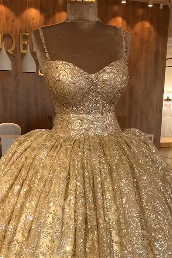 Gold Sequins Spaghetti Straps Lace Up Beadings Ball Gown for Party-BallBride
