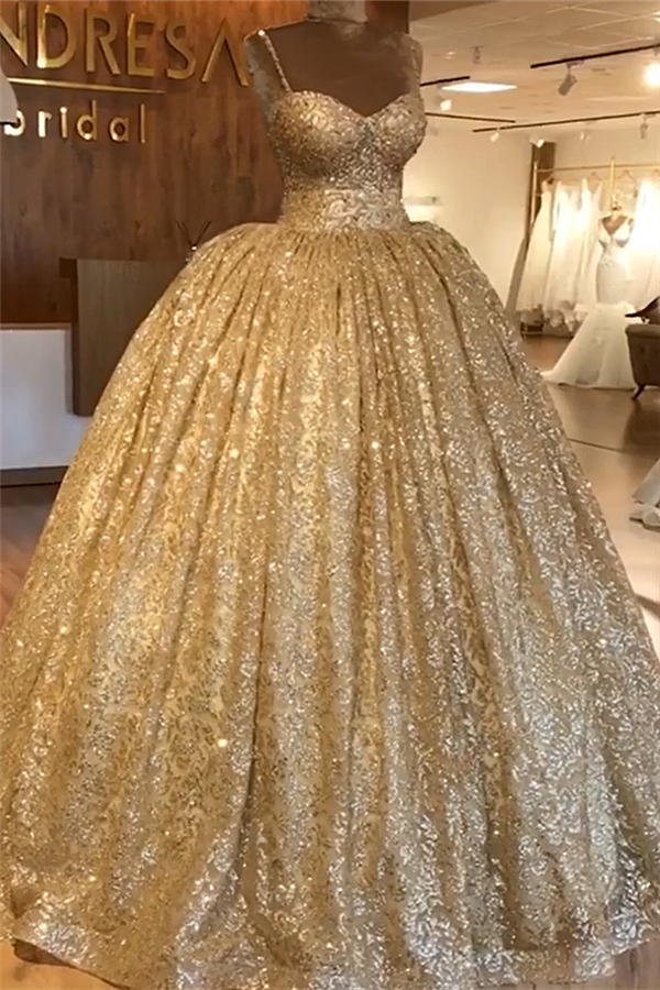 Gold Sequins Spaghetti Straps Lace Up Beadings Ball Gown for Party-BallBride