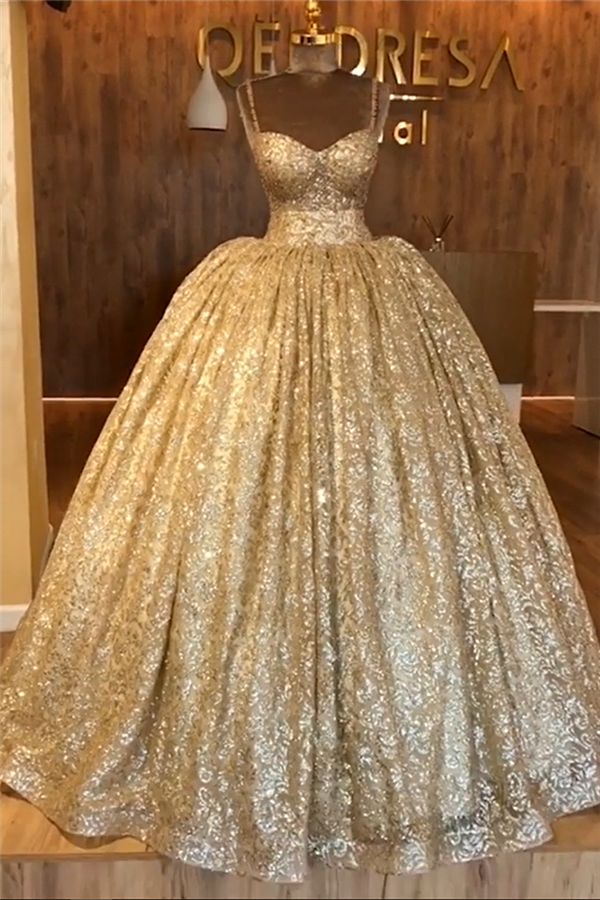 Gold Sequins Spaghetti Straps Lace Up Beadings Ball Gown for Party-BallBride