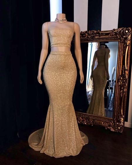 Gold Sequins Two Pieces Strapless Mermaid Prom Dress-BallBride