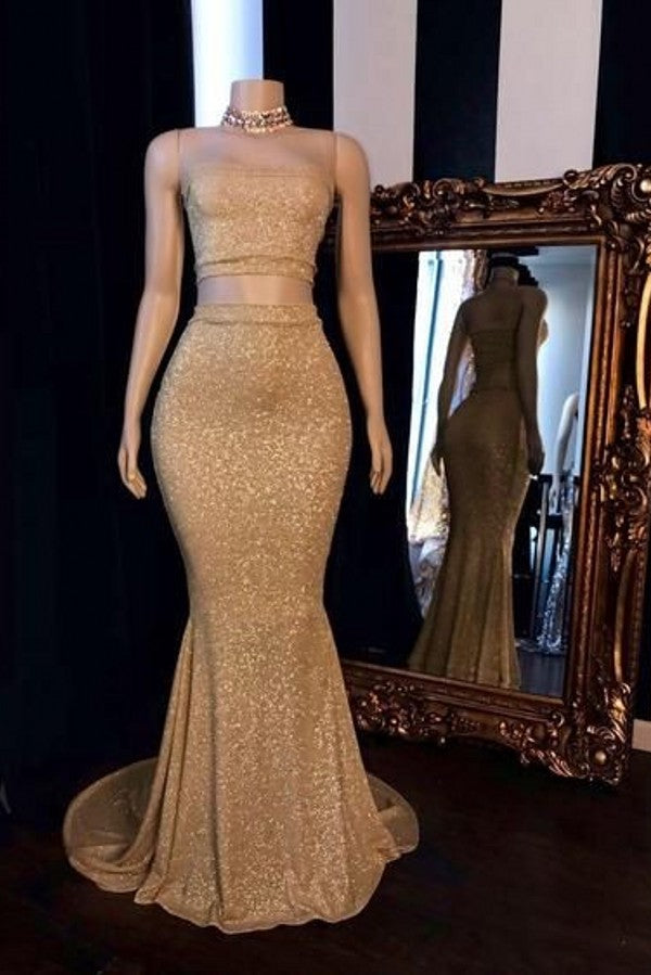 Gold Sequins Two Pieces Strapless Mermaid Prom Dress-BallBride