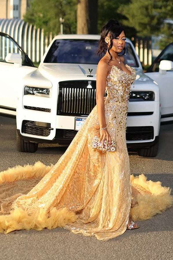 Gold Sweetheart Beaded Sparkles Court Train Flowers Prom Dresses-BallBride