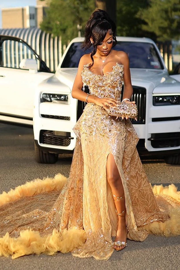 Gold Sweetheart Beaded Sparkles Court Train Flowers Prom Dresses-BallBride