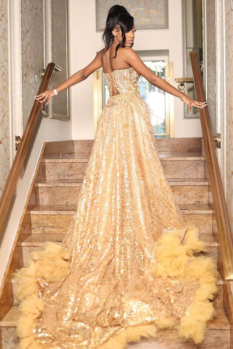 Gold Sweetheart Beaded Sparkles Court Train Flowers Prom Dresses-BallBride