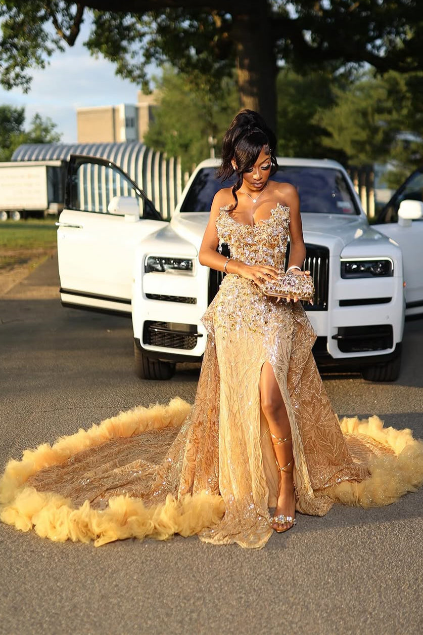 Gold Sweetheart Beaded Sparkles Court Train Flowers Prom Dresses-BallBride