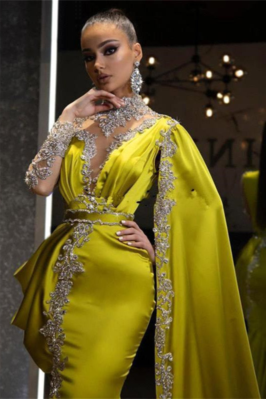 Gold Yellow High Neck Ruffles Long Sleeves Prom Dress with Crystal-BallBride