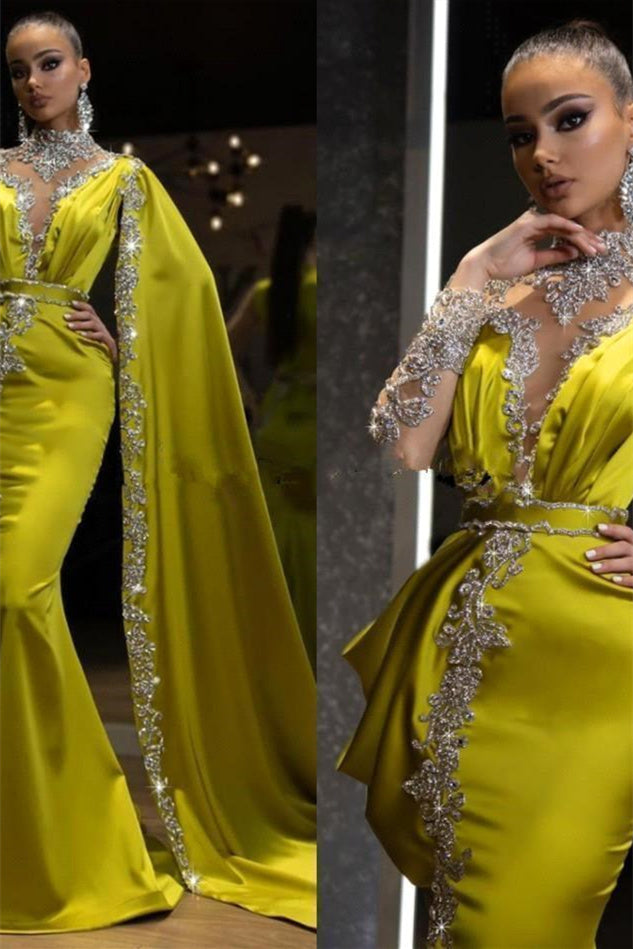 Gold Yellow High Neck Ruffles Long Sleeves Prom Dress with Crystal-BallBride