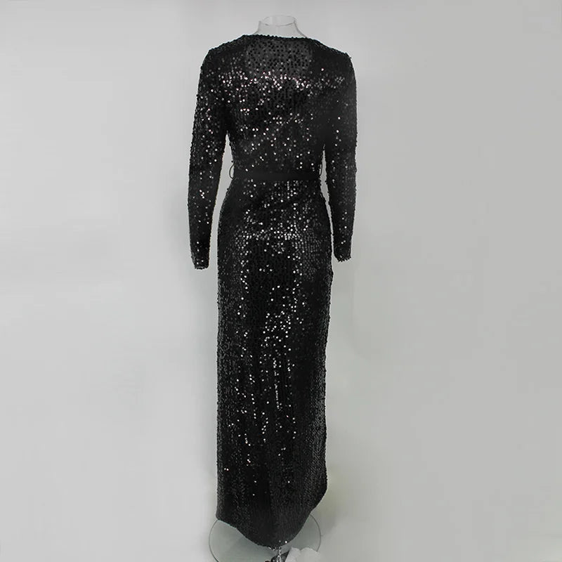 Gorgeou Long Sleeve Sequins Prom Dress V-Neck Evening Party Gowns With Slit-BallBride