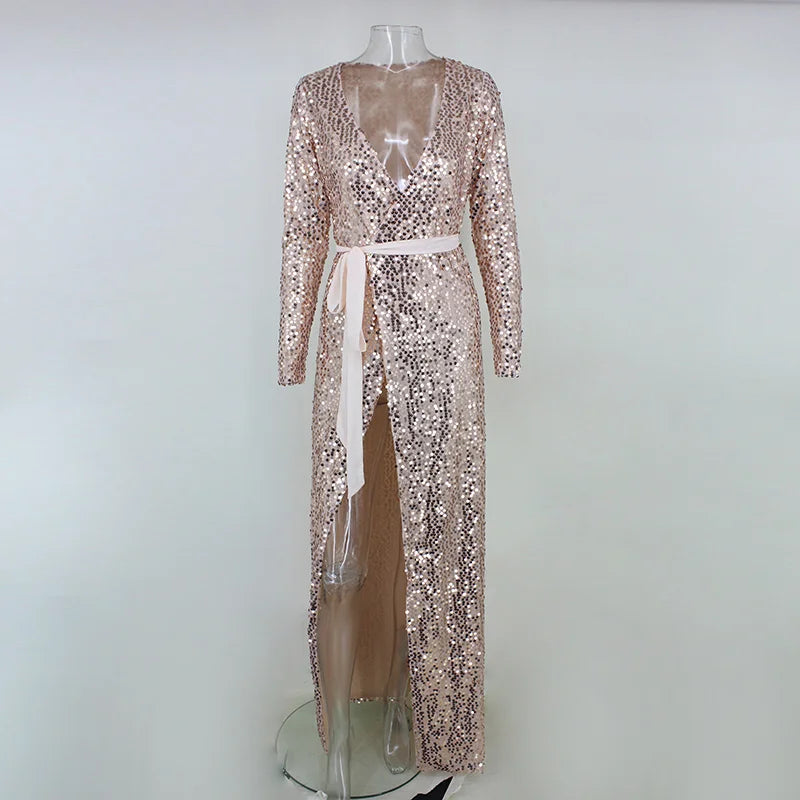 Gorgeou Long Sleeve Sequins Prom Dress V-Neck Evening Party Gowns With Slit-BallBride