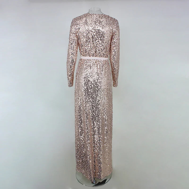 Gorgeou Long Sleeve Sequins Prom Dress V-Neck Evening Party Gowns With Slit-BallBride