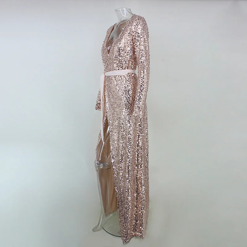 Gorgeou Long Sleeve Sequins Prom Dress V-Neck Evening Party Gowns With Slit-BallBride