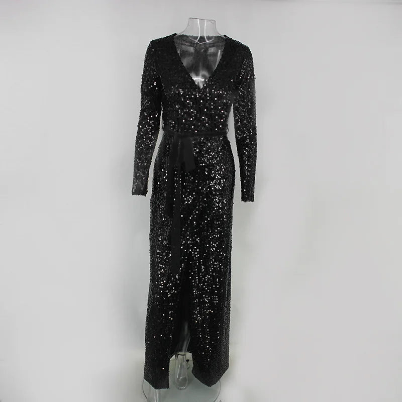 Gorgeou Long Sleeve Sequins Prom Dress V-Neck Evening Party Gowns With Slit-BallBride