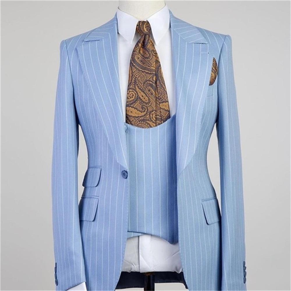 Gorgeous 3 Pieces Blue With Stripe Groomsmen Tuxedos Peaked Lapel-BallBride