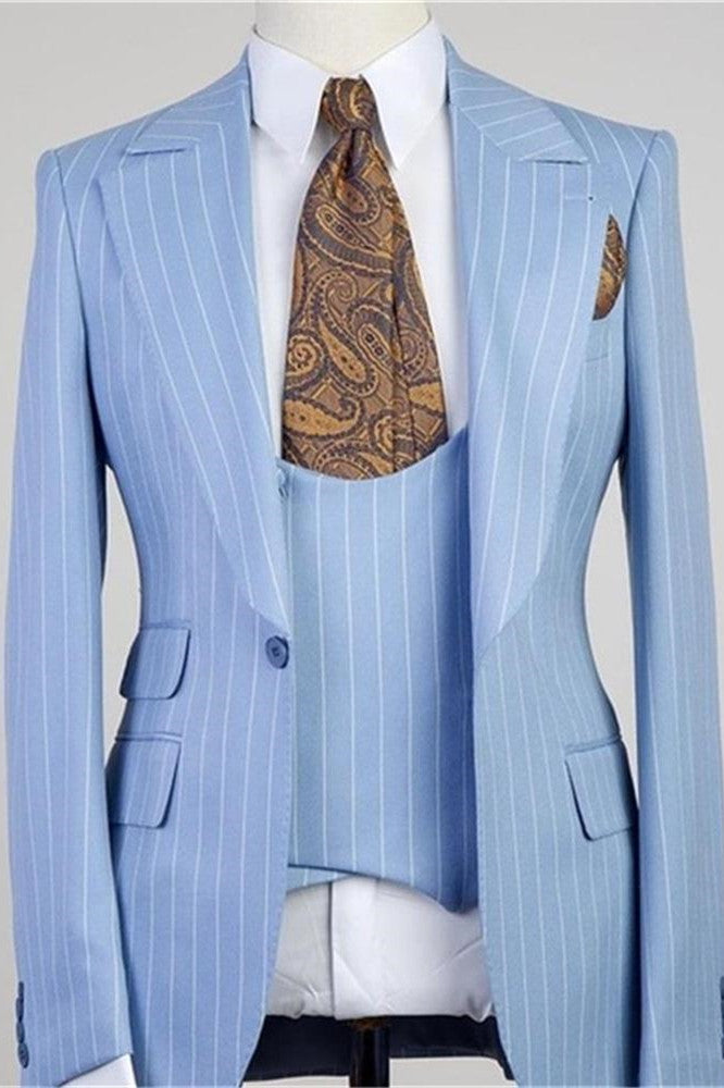 Gorgeous 3 Pieces Blue With Stripe Groomsmen Tuxedos Peaked Lapel-BallBride