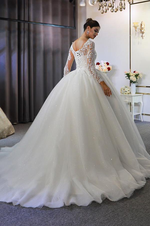 Gorgeous A-Line Bateau Long Sleeves Wedding Dress with Appliques Lace Sequins-BallBride