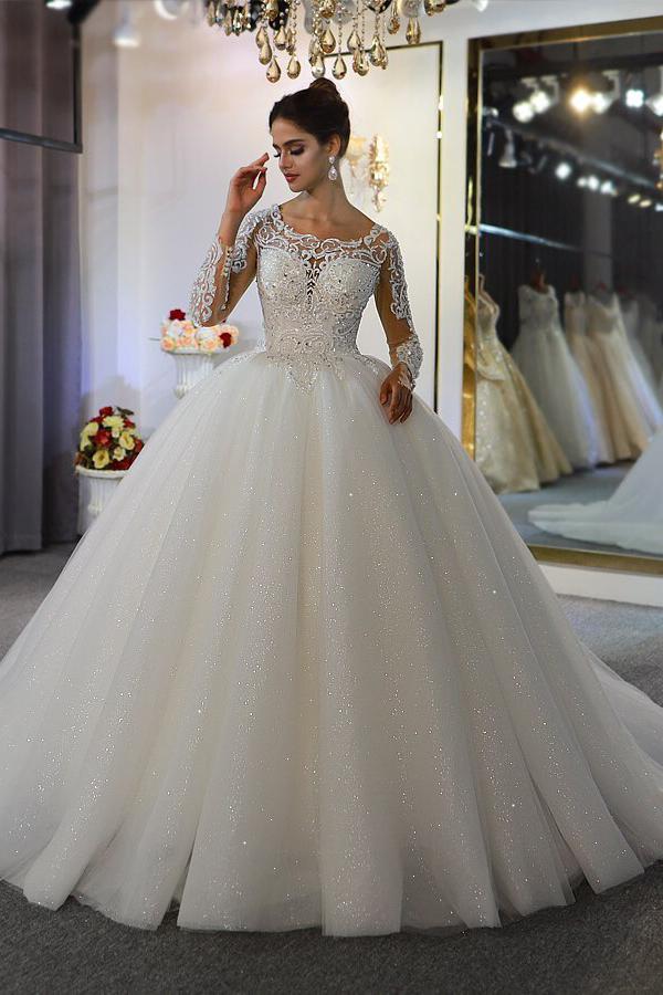 Gorgeous A-Line Bateau Long Sleeves Wedding Dress with Appliques Lace Sequins-BallBride