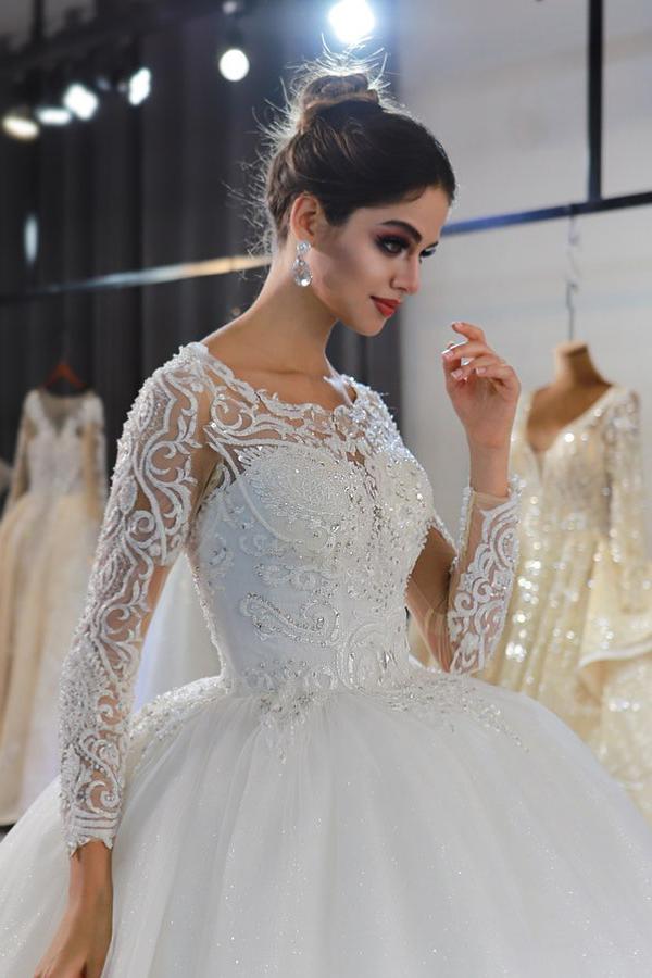 Gorgeous A-Line Bateau Long Sleeves Wedding Dress with Appliques Lace Sequins-BallBride
