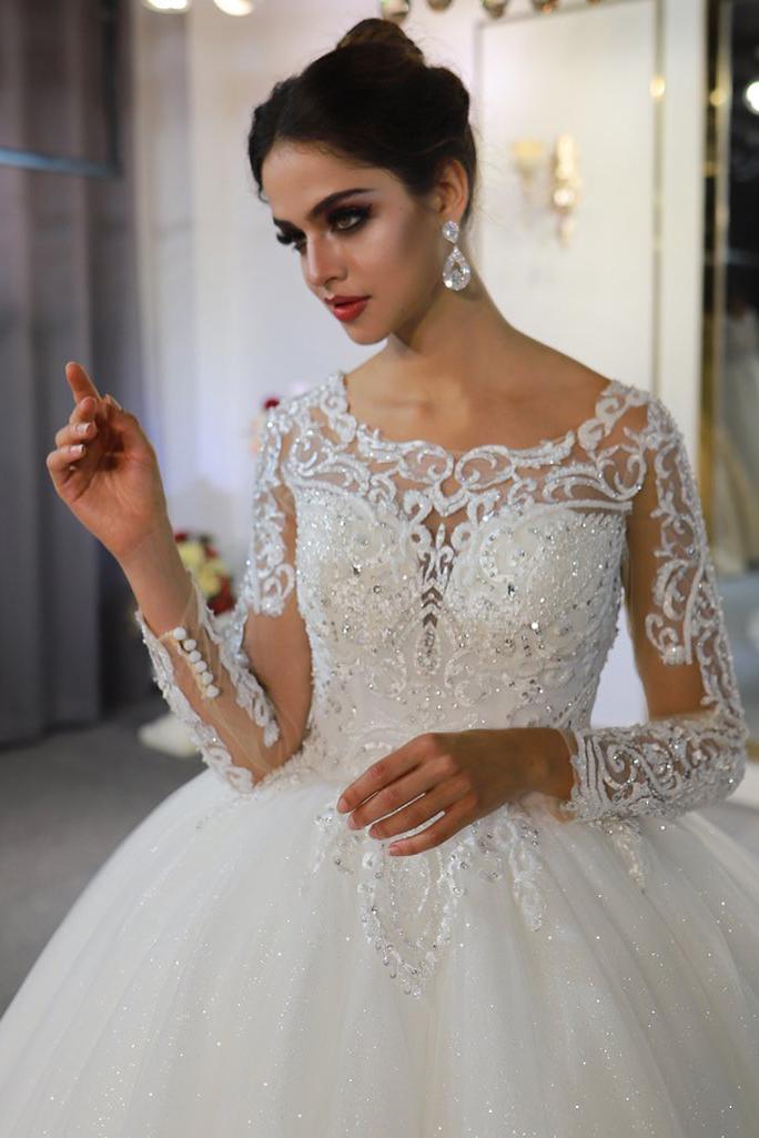 Gorgeous A-Line Bateau Long Sleeves Wedding Dress with Appliques Lace Sequins-BallBride
