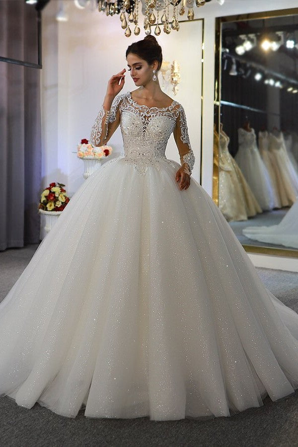 Gorgeous A-Line Bateau Long Sleeves Wedding Dress with Appliques Lace Sequins-BallBride