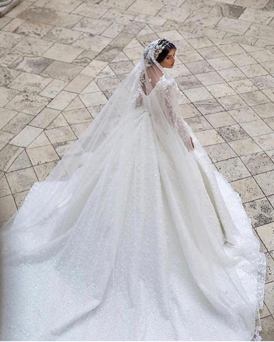 Gorgeous A-Line Deep V-neck Long Sleeve Train Wedding Dress With Appliques Lace-BallBride