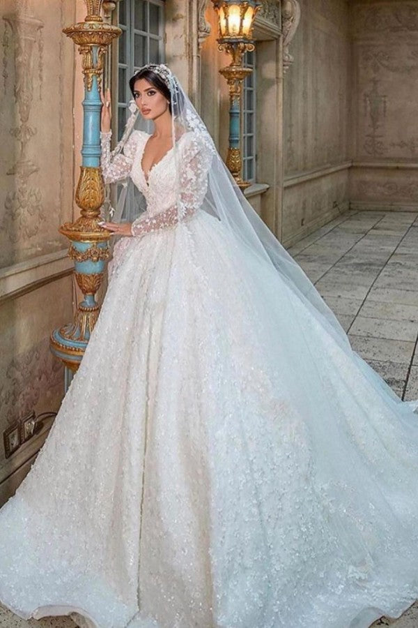 Gorgeous A-Line Deep V-neck Long Sleeve Train Wedding Dress With Appliques Lace-BallBride