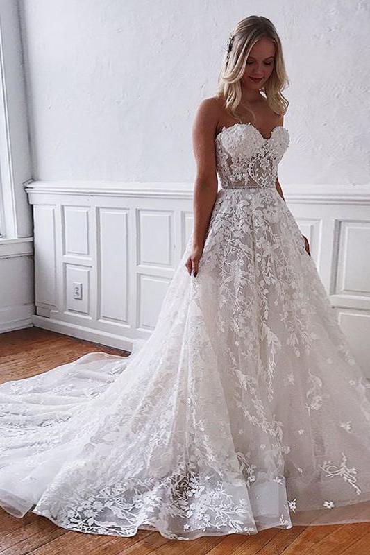 Gorgeous A-line Floor Length Long Wedding Dress With Sweetheart Lace-BallBride