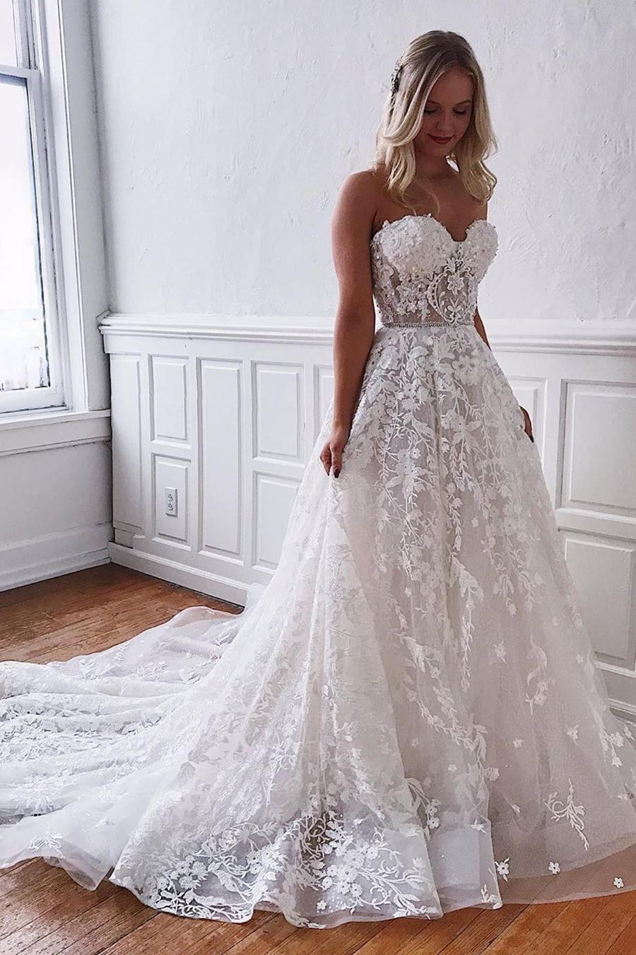 Gorgeous A-line Floor Length Long Wedding Dress With Sweetheart Lace-BallBride
