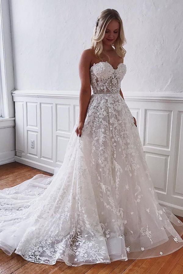 Gorgeous A-line Floor Length Long Wedding Dress With Sweetheart Lace-BallBride