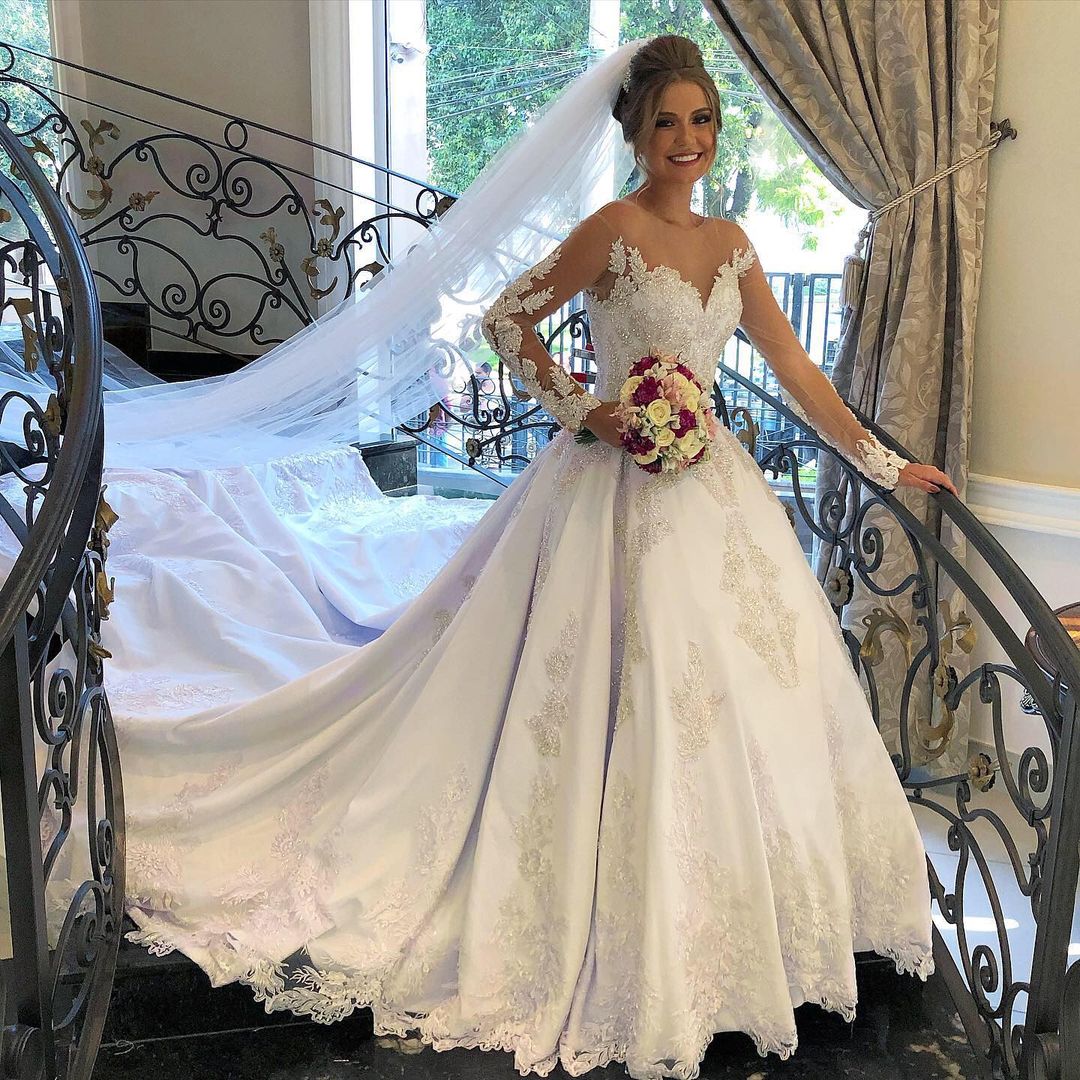 Gorgeous A-line Satin Long Sleeves Wedding Dress-BallBride