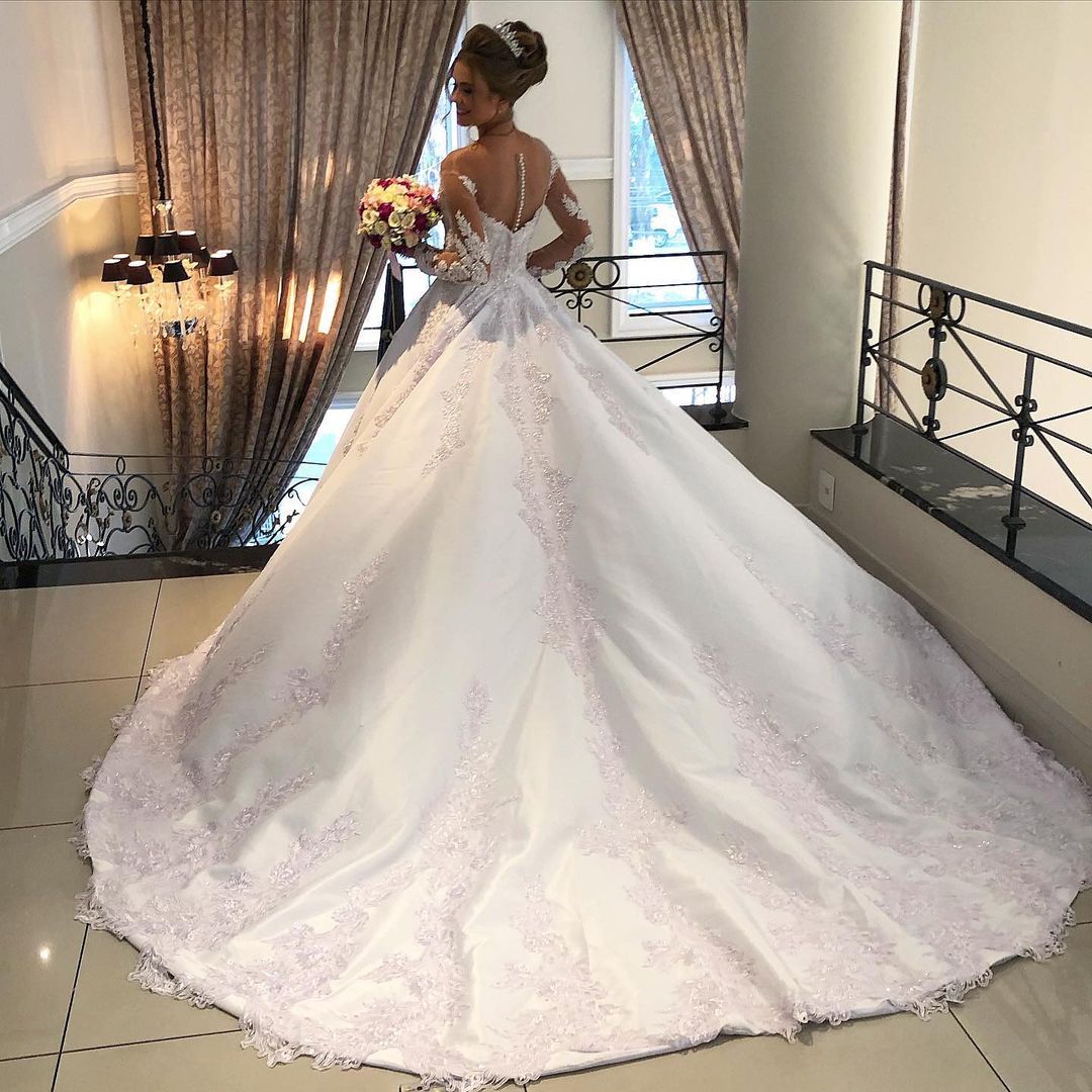 Gorgeous A-line Satin Long Sleeves Wedding Dress-BallBride