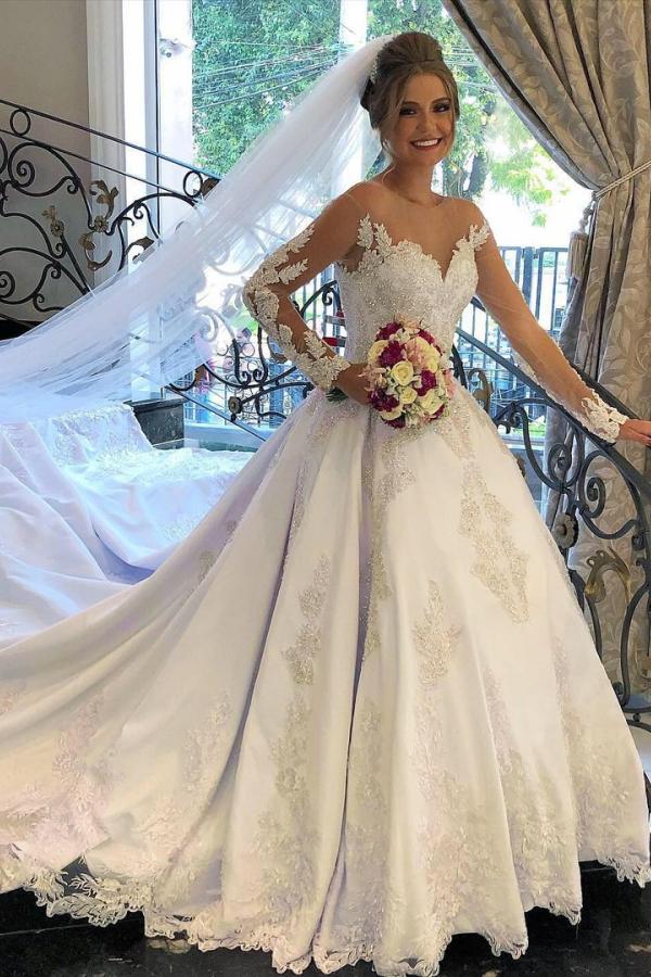 Gorgeous A-line Satin Long Sleeves Wedding Dress-BallBride