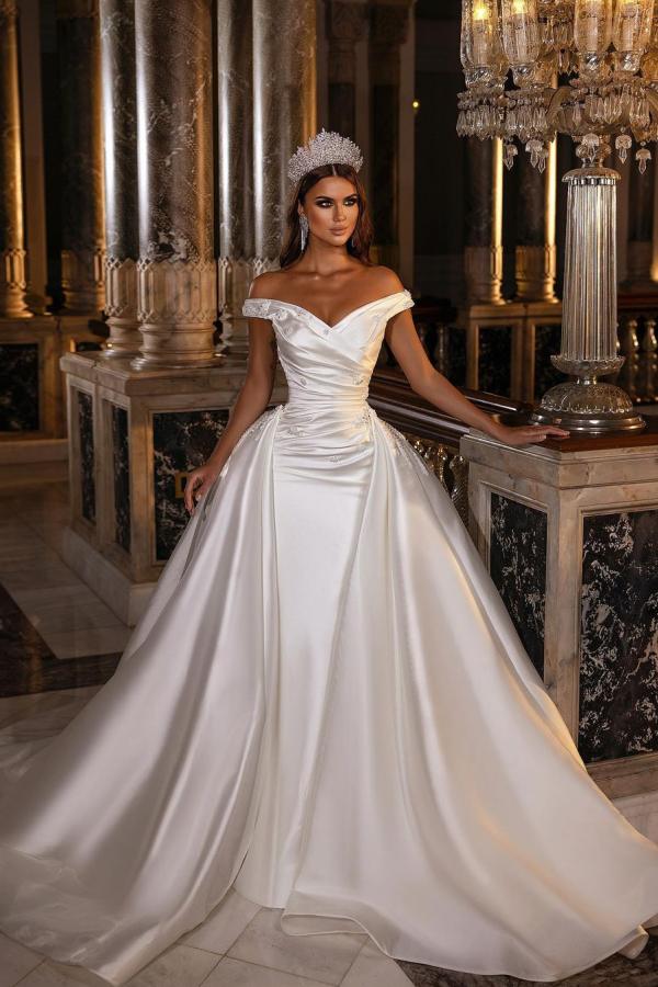 Gorgeous A-Line Satin Wedding Dress with Off-The-Shoulder Sweetheart, Backless, and Ruffles Appliques-BallBride