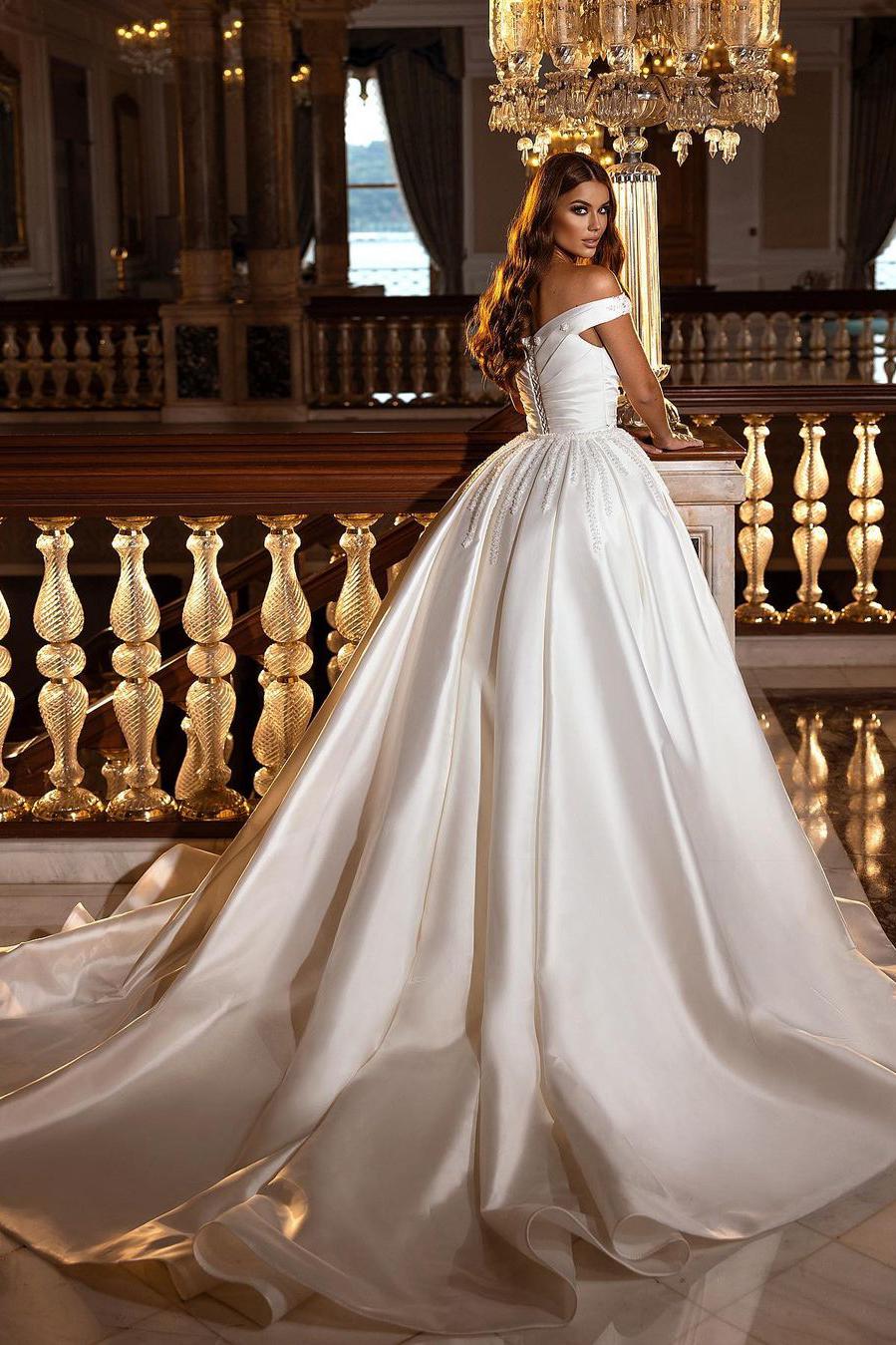 Gorgeous A-Line Sweetheart Backless Satin Wedding Dress With Ruffles Appliques-BallBride