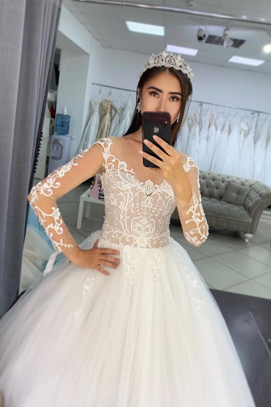 Gorgeous A-Line Tulle Long Sleeves Wedding Dress with Lace-BallBride