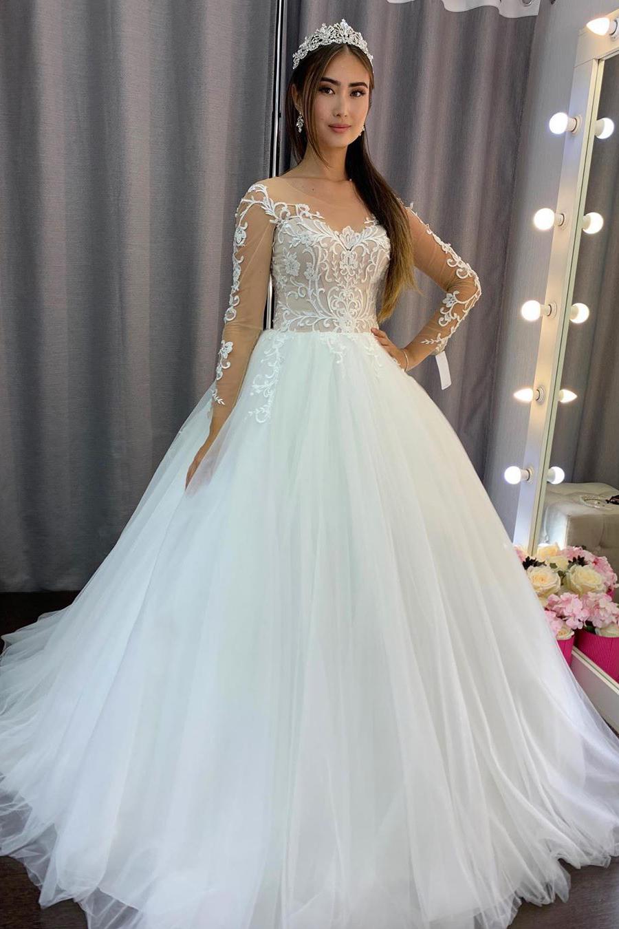 Gorgeous A-Line Tulle Long Sleeves Wedding Dress with Lace-BallBride