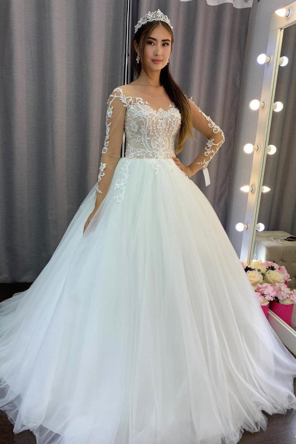 Gorgeous A-Line Tulle Long Sleeves Wedding Dress with Lace-BallBride