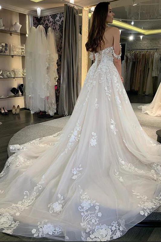 Gorgeous A-line Tulle Off-the-Shoulder Long Wedding Dress With Lace Appliques-BallBride