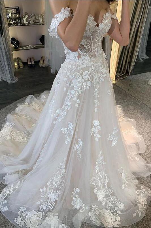 Gorgeous A-line Tulle Off-the-Shoulder Long Wedding Dress With Lace Appliques-BallBride