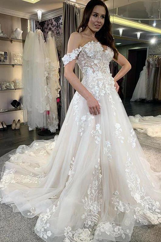 Gorgeous A-line Tulle Off-the-Shoulder Long Wedding Dress With Lace Appliques-BallBride