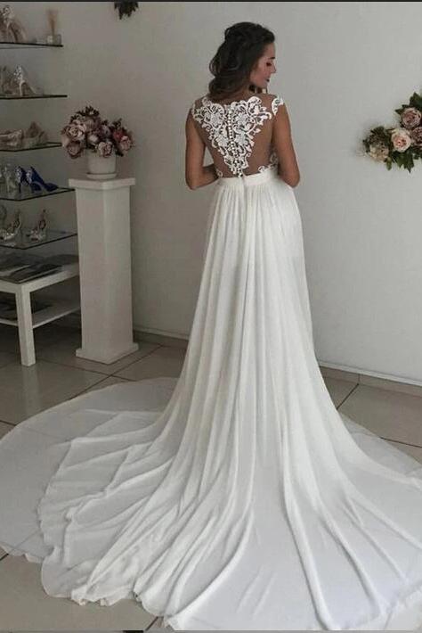 Gorgeous A-line V-neck Long Wedding Dress with Slit Chiffon Lace-BallBride