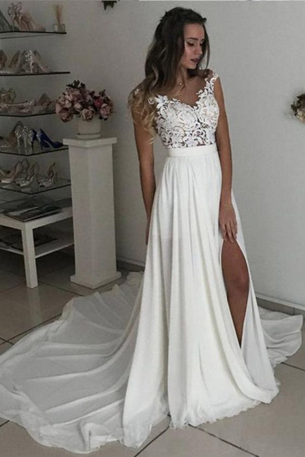 Gorgeous A-line V-neck Long Wedding Dress with Slit Chiffon Lace-BallBride
