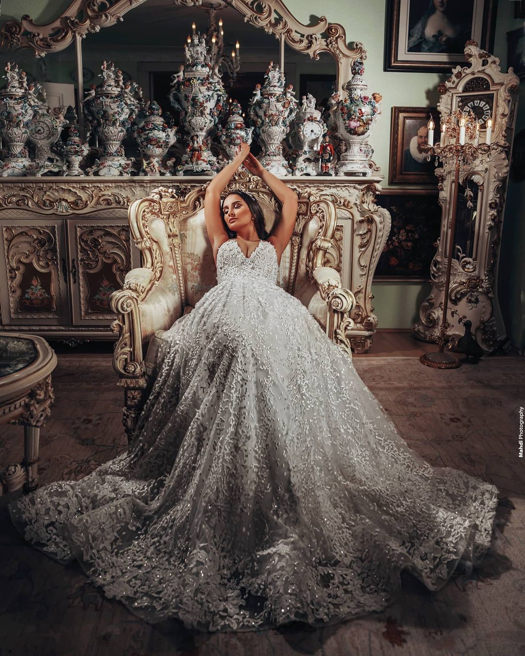 Gorgeous A-Line V-Neck Wedding Dress with 3D Floral Lace-BallBride