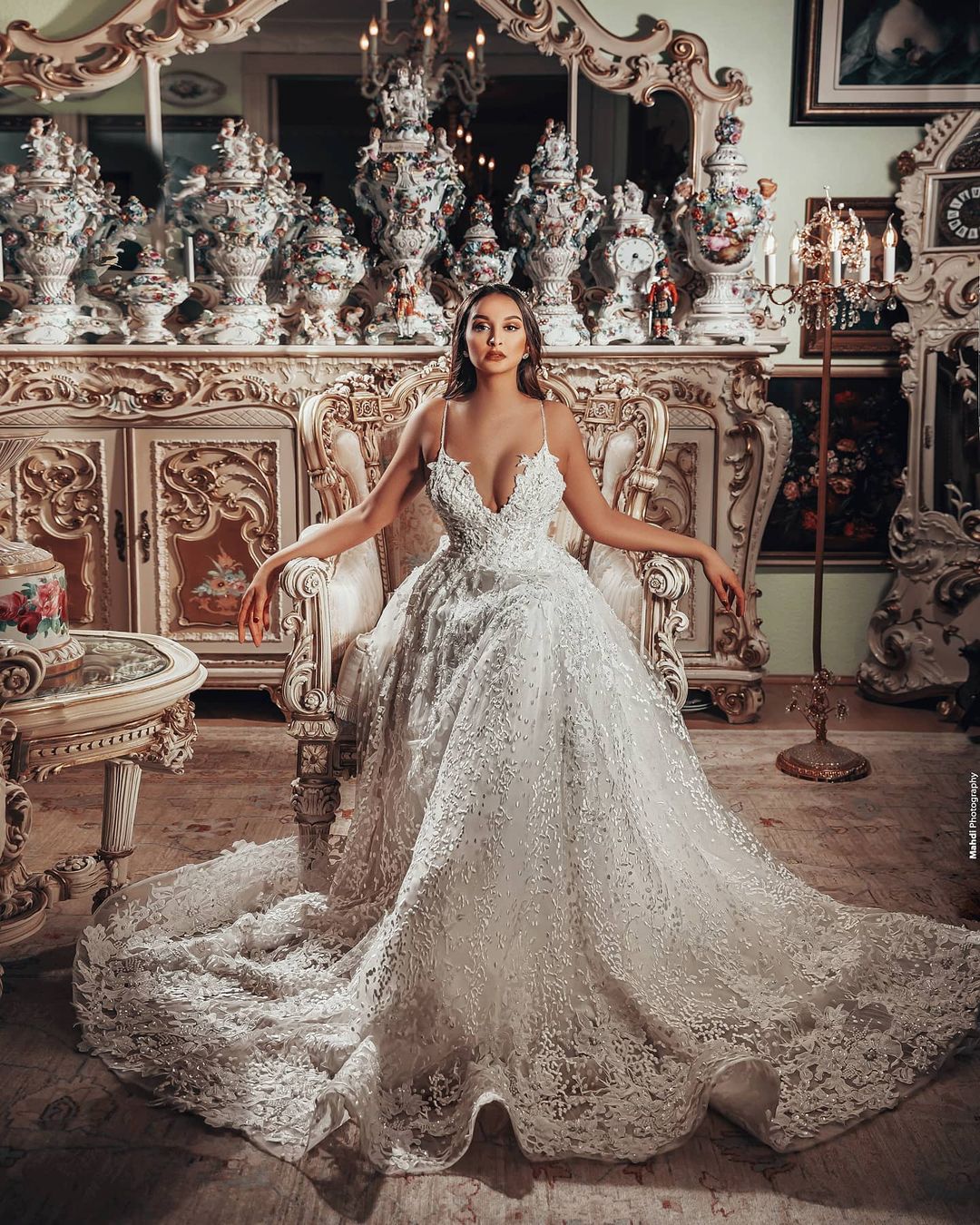 Gorgeous A-Line V-Neck Wedding Dress with 3D Floral Lace-BallBride