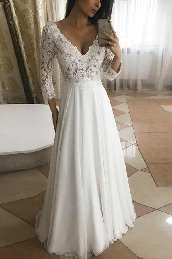 Gorgeous Appliques Long Sleeve V-Neck Wedding Dress With Lace-BallBride