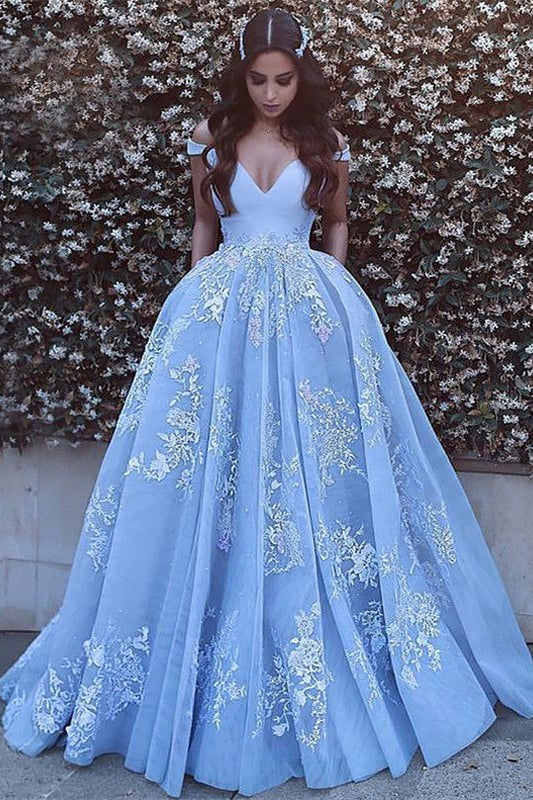 Gorgeous Baby Blue Prom Dress with Lace Appliques Off-the-Shoulder-BallBride